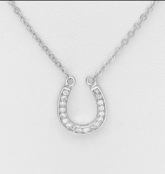 925 Sterling Silver Horseshoe Necklace,  Decorated with CZ Simulated Diamonds.
