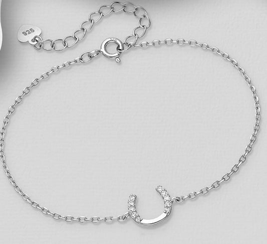 925 Sterling Silver Horseshoe Bracelet, Decorated with CZ Simulated Diamonds