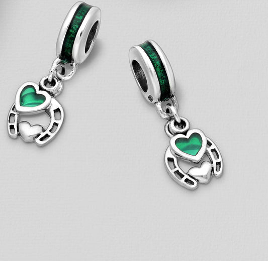 925 Sterling Silver Heart Bead-Charm, Decorated with Colored Enamel.
