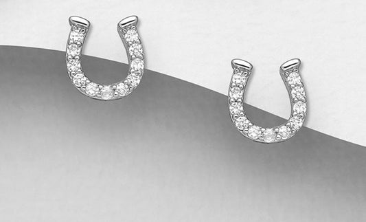 925 Sterling Silver Horseshoe Push-Back Earrings, Decorated with CZ Simulated Diamond