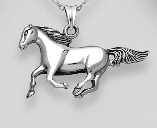 925 Sterling Silver Galloping Horse Pendant