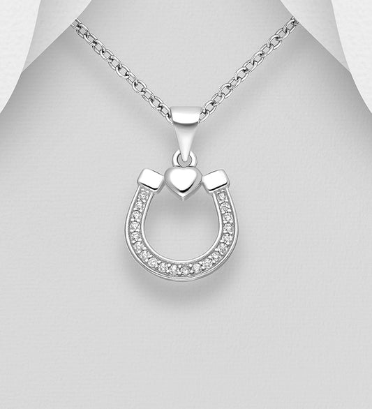 925 Sterling Silver Horseshoe and Heart Pendant, Decorated with CZ Simulated Diamonds