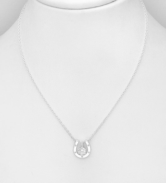 925 Sterling Silver Horseshoe Necklace, Decorated with CZ Simulated Diamond