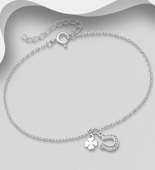 925 Sterling Silver Bracelet, with Clover and Horseshoe, Decorated with CZ Simulated Diamonds
