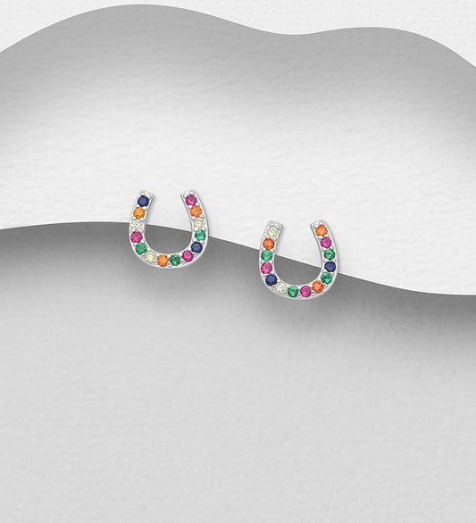925 Sterling Silver Horseshoe Push-Back Earrings, Decorated with Colorful CZ Simulated Diamonds, CZ Simulated Diamond