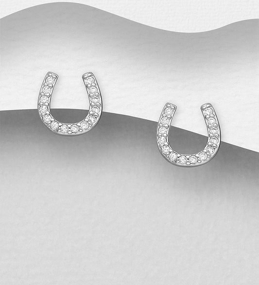 925 Sterling Silver Horseshoe Push-Back Earrings, Decorated with CZ Simulated Diamonds