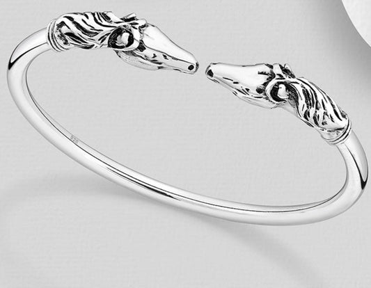 925 Sterling Silver Oxidized double horse head Horse Cuff Brangle