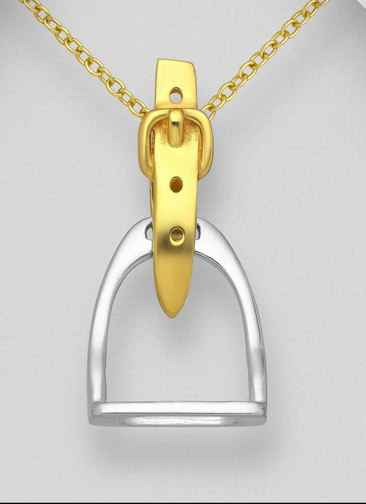 925 Sterling Silver Stirrup Pendant, Belt Plated with 18K Yellow Gold. No