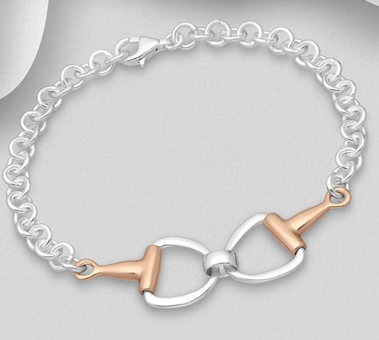 925 Sterling Silver Horse Snaffle Bracelet,  Rose Gold .