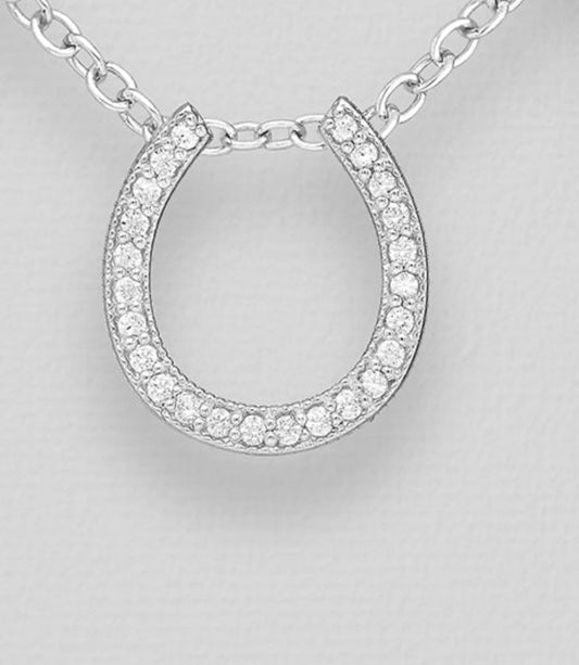 925 Sterling Silver Horseshoe Necklace Decorated with CZ Simulated Diamonds